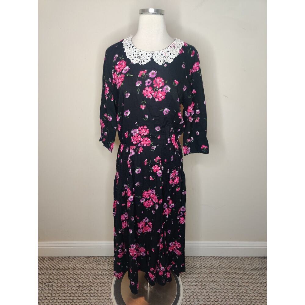 Caroline‎ Wells Vintage Floral Maxi Dress Lace Collar Long Sleeve